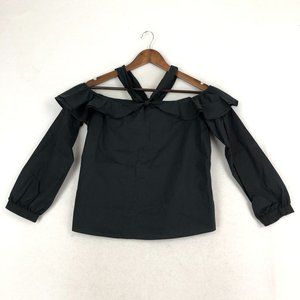 J.Crew Women's Size 8 Black Halter Cold Shoulder 3/4 Sleeve 100% Cotton Blouse